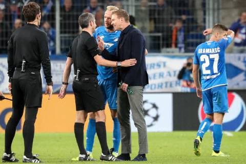 v left Alberto Undiano Mallenco Referee Spain discusses in the center of the field after the final whistle with Kevin Vogt Hoffenheim 22 and Julian Nagelsmann Coach Head coach Hoffenheim Highlight Complaint Discussion Action Action Football UEFA Champions League TSG 1899 Hoffenheim Olympique Lyon xozx