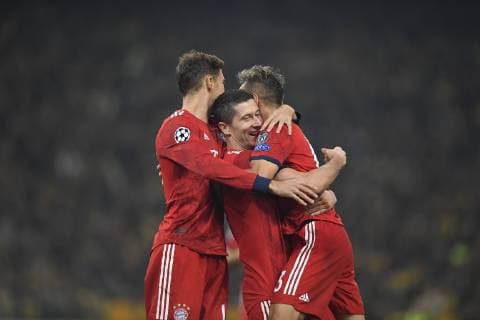 October 23, 2018 - Athens, Greece - Robert Lewandowski of Bayern Munchen celebrates his goal with Bayern s Rafinha and Leon Goretzka during the UEFA Champions League football match between AEK Athens FC and FC Bayern Munchen at the OACA Spyros Louis stadium in Athens on October 23, 2018. AEK Athens v FC Bayern Muenchen - UEFA Champions League Group E  - ZUMAn230 20181023_zaa_n230_552 Copyright: xAlexxNicodimx