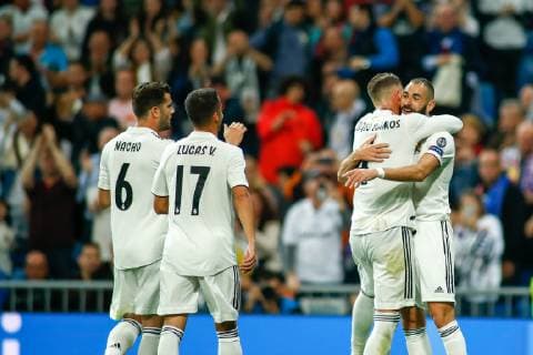 October 23, 2018 - Madrid, MADRID, SPAIN - Karim Benzema of Real Madrid celebrates the goalduring the UEFA Champions League football match between Real Madrid and Viktoria Plzen on October 23th, 2018 at Santiago Bernabeu stadium in Madrid, Spain. Soccer: Champions League - Real Madrid v Viktoria Plzen - ZUMAa181 20181023_zaa_a181_133 Copyright: xAFP7x