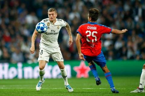 October 23, 2018 - Madrid, MADRID, SPAIN - Ales Cermak of Viktoria and Toni Kroos of Real Madrid during the UEFA Champions League football match between Real Madrid and Viktoria Plzen on October 23th, 2018 at Santiago Bernabeu stadium in Madrid, Spain. Soccer: Champions League - Real Madrid v Viktoria Plzen - ZUMAa181 20181023_zaa_a181_156 Copyright: xAFP7x