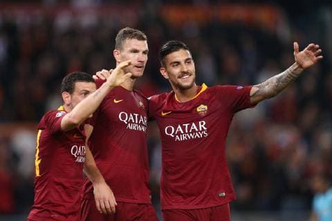 Fußball, CL, AS Rom - ZSKA Moskau October 23, 2018 - Rome, RM, Italy - Edin Dzeko of AS Roma, Lorenzo Pellegrini of AS Roma, Alessandro Florenzi of AS Roma celebrate the goal of 2-0 during the UEFA Champions League group G match between AS Roma and PFC CSKA Moscow at Stadio Olimpico on October 23, 2018 in Rome, Italy. AS Roma v CSKA Moscow - UEFA Champions League Group G  - ZUMAn230 20181023_zaa_n230_491 Copyright: xDaniloxDixGiovannix