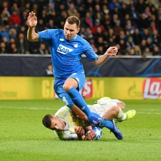 (181024) -- HOFFENHEIM, Oct. 24, 2018 -- Anthony Lopes (Bottom), goalkeeper of Lyon fights for the ball during the UEFA Champions League group F match between Hoffenheim and Lyon at Rhein-Neckar-Arena in Sinsheim, Germany, on Oct. 23, 2018. The match ended 3-3. ) (SP)GERMANY-HOFFENHEIM-SOCCER-UEFA CHAMPIONS LEAGUE UlrichxHufnagel 