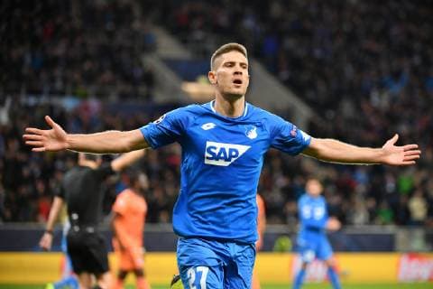 (181024) -- HOFFENHEIM, Oct. 24, 2018 -- Andrej Kramaric of Hoffenheim celebrates after scoring during the UEFA Champions League group F match between Hoffenheim and Lyon at Rhein-Neckar-Arena in Sinsheim, Germany, on Oct. 23, 2018. The match ended 3-3. ) (SP)GERMANY-HOFFENHEIM-SOCCER-UEFA CHAMPIONS LEAGUE UlrichxHufnagel 