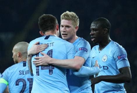 October 23, 2018 - Kharkow, Ukraine - Manchester City s Aymeric Laporte and Kevin De Bruyne celebrate a goal scored during of the Champions League group stage match between Shakhtar Donetsk and Manchester City at Metalist Stadium in Kharkov. Ukraine, Tuesday, October 23, 2018 FC Shakhtar Donetsk v Manchester City - UEFA Champions League Group F  - ZUMAn230 20181023_zaa_n230_774 Copyright: xDanilxShamkinx