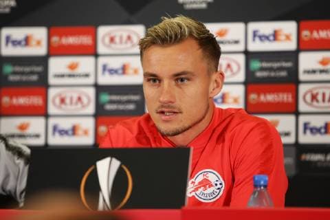 SOCCER - UEFA EL, RBS vs Rosenborg SALZBURG,AUSTRIA,24.OCT.18 - SOCCER - UEFA Europa League, Red Bull Salzburg vs Rosenborg BK, press conference PK Pressekonferenz RBS. Image shows Fredrik Gulbrandsen (RBS). GEPAxpictures xMathiasxMandl