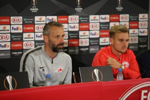 SOCCER - UEFA EL, RBS vs Rosenborg SALZBURG,AUSTRIA,24.OCT.18 - SOCCER - UEFA Europa League, Red Bull Salzburg vs Rosenborg BK, press conference PK Pressekonferenz RBS. Image shows head coach Marco Rose and Fredrik Gulbrandsen (RBS). GEPAxpictures xMathiasxMandl