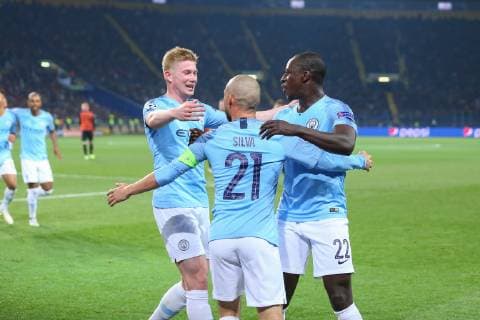 KHARKOV, UKRAINE - OCTOBER 23: Manchester City players celebrate a goal during the Group F match of the UEFA Champions League between FC Shakhtar Donetsk and Manchester City at Metalist Stadium on October 23, 2018 in Kharkov, Ukraine.  Copyright: xOleksandrxOsipovx