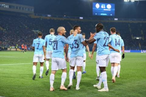 KHARKOV, UKRAINE - OCTOBER 23: Manchester City players celebrate their first goal during the Group F match of the UEFA Champions League between FC Shakhtar Donetsk and Manchester City at Metalist Stadium on October 23, 2018 in Kharkov, Ukraine.  Copyright: xOleksandrxOsipovx