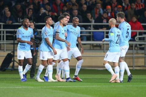 KHARKOV, UKRAINE - OCTOBER 23: Manchester City players celebrate a goal during the Group F match of the UEFA Champions League between FC Shakhtar Donetsk and Manchester City at Metalist Stadium on October 23, 2018 in Kharkov, Ukraine.  Copyright: xOleksandrxOsipovx
