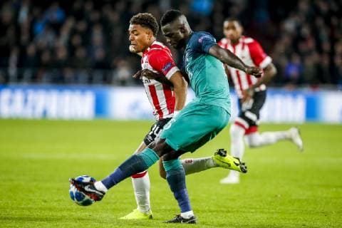 EINDHOVEN, Philips Stadium , 24-10-20-18, football, season 2018 2019 , Football Champions League , PSV - Tottenham Hotspur . (Left-right) PSV player Donyell Malen , Tottenham Hotspur player Davinson Sanchez. PSV - Tottenham Hotspur  x2563818x