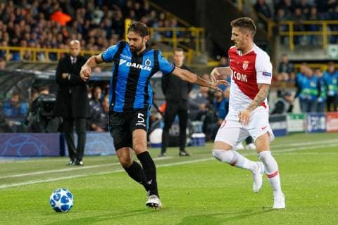 Club s Benoit Poulain and Monaco s Stevan Jovetic fight for the ball during the soccer match between Club Brugge and French club AS Monaco, Wednesday 24 October 2018 in Brugge, on day three the UEFA Champions League, in group A. KURTxDESPLENTER  x05454197x