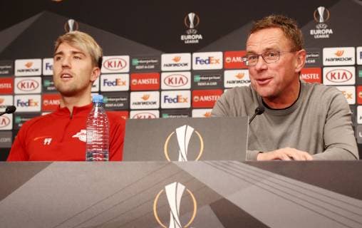 RB Leipzig PK Euro League Leipzig 24 10 2018 Red Bull Arena Soccer UEFA Europa League PK on the eve of the match RB Leipzig GER vs Celtic Glasgow SCO Picture v k Kevin RB Leipzig player and Ralf Rangnick RB Leipzig Head coach and sports director