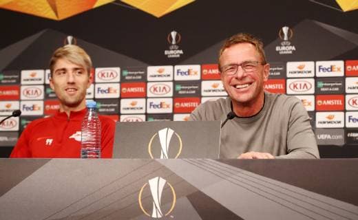 RB Leipzig PK Euro League Leipzig 24 10 2018 Red Bull Arena Soccer UEFA Europa League PK on the eve of the match RB Leipzig GER vs Celtic Glasgow SCO Picture v k Kevin RB Leipzig player and Ralf Rangnick RB Leipzig Head coach and sports director