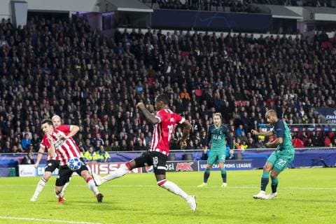 EINDHOVEN, PSV Eindhoven - Tottenham Hotspur FC, football, Champions League, season 2018-2019, 24-10-2018, Philips Stadium, Tottenham Hotspur player Lucas (R) scores 1-1 PSV - Tottenham Hotspur  x2563958x
