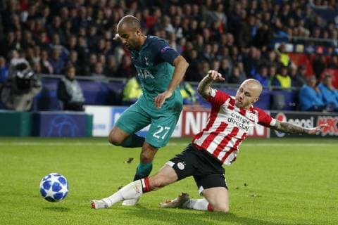 (L-R), Lucas of Tottenham Hotspur, Jose Angelino of PSV during the UEFA Champions League group C match between PSV Eindhoven and Tottenham Hotspur FC at the Phillips stadium on October 24, 2018 in Eindhoven, The Netherlands UEFA Champions League 2018 2019 xVIxVIxImagesx xJeroenxPutmansxIVx 12548616