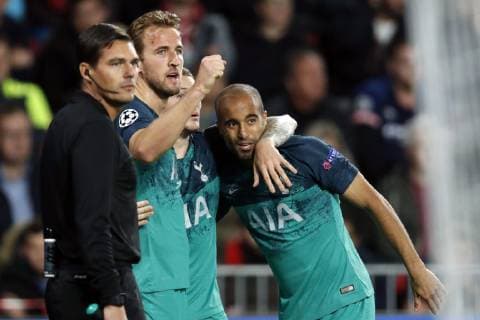 (l-r) Harry Kane of Tottenham Hotspur FC, Kieran Trippier of Tottenham Hotspur FC, Lucas of Tottenham Hotspur FC during the UEFA Champions League group C match between PSV Eindhoven and Tottenham Hotspur FC at the Phillips stadium on October 24, 2018 in Eindhoven, The Netherlands UEFA Champions League 2018 2019 xVIxVIxImagesx xMauricexvanxSteenxIVx 12548770