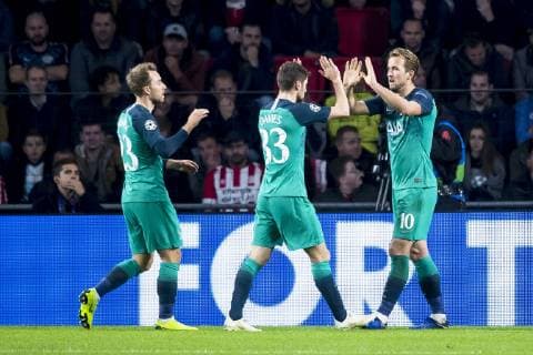 EINDHOVEN, PSV Eindhoven - Tottenham Hotspur FC, football, Champions League, season 2018-2019, 24-10-2018, Philips Stadium, Tottenham Hotspur player Harry Kane (R) has scored 1-2, Tottenham Hotspur player Ben Davies (M), Tottenham Hotspur player Christian Eriksen (L) PSV - Tottenham Hotspur  x2564071x