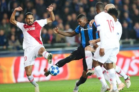 Monaco s Nacer Chadli and Club s Wesley Moraes fight for the ball during the soccer match between Club Brugge and French club AS Monaco, Wednesday 24 October 2018 in Brugge, on day three the UEFA Champions League, in group A. BRUNOxFAHY  x05454379x