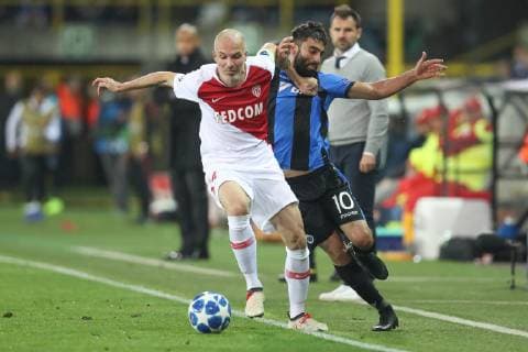 Monaco s Andrea Raggi and Club s Kaveh Rezaei fight for the ball during the soccer match between Club Brugge and French club AS Monaco, Wednesday 24 October 2018 in Brugge, on day three the UEFA Champions League, in group A. BRUNOxFAHY  x05454380x