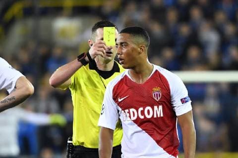 Youri Tielemans midfielder of Monaco receives a yellow card from referee Michael Oliver (ENG) FOOTBALL : Club Bruges vs AS Monaco - Ligue des Champions - Bruges - 24 10 2018 PhotoNews Panoramic 