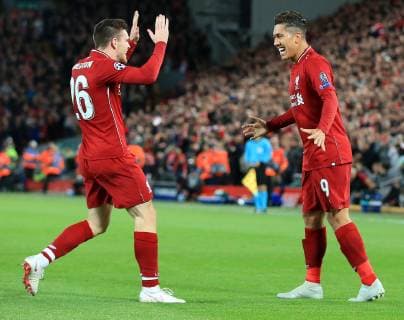 24th October 2018, Anfield, Liverpool, England; UEFA Champions League football, Liverpool versus Red Star Belgrade; Roberto Firmino of Liverpool celebrates his opening goal after 20 minutes with team mate Andrew Robertson  ActionPlus12072964 DavidxBlunsden