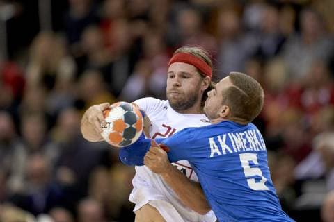 Mikkel Hansen Denmark and Andrii Akimenko Ukraine Denmark vs. Ukraine handball Mens EHF Euro 2020 Qualifiers group 8. October 24, 2018. Ceres Arena, Aarhus, Denmark Denmark 