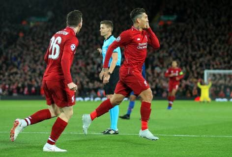 Liverpool s Roberto Firmino celebrates after scoring his teams first goal during the UEFA Champions League match at Anfield Stadium, Liverpool. Picture date 24th October 2018. Picture credit should read: Matt McNulty Sportimage EDITORIAL USE ONLY. No use with unauthorised audio, video, data, fixture lists, club league logos or live services. Online in-match use limited to 120 images, no video emulation. No use in betting, games or single club league player publications.