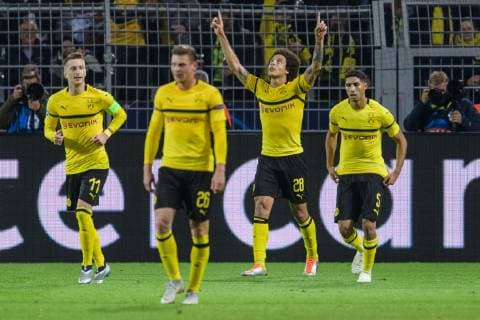 lr Marco Reus Borussia Dortmund 11 Lukasz Piszczek Borussia Dortmund 26 Axel Witsel Borussia Dortmund 28 and Achraf Hakimi Borussia Dortmund 5 in goal celebrations after a 1-0 victory in the Champions League match between Borussia Dortmund and Atletico Madrid on 24 10 2018 Borussia Dortmund vs Atletico Madrid Champions League 24 10 2018 Dortmund Copyright: xSchuelerx xEibnerx-xPressefotox EP_EER