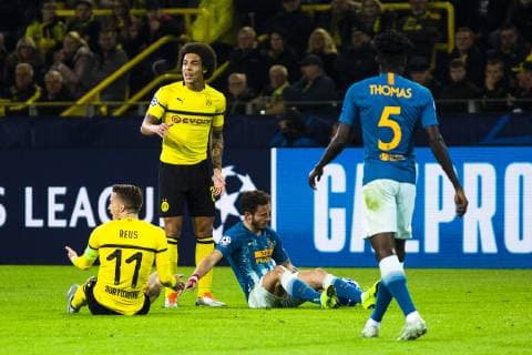 UEFA CL Borussia Dortmund vs Atlético Madrid 24 10 2018 Signal Iduna Park Dortmund GER UEFA CL Borussia Dortmund vs Atlético Madrid UEFA REGULATORY PROPHIBIT ANY USE OF PHOTOGRAPH AS IMAGE SEQUENCES AND OR QUASI VIDEO Pictured picture shows Marco Reus Borussia Dortmund 11 after clash with Saul Niguez Atletico Madrid 8 nordphotox xRauch nph00251