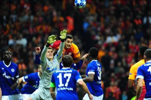 Ozan Kabak of Galatasaray and Goalkeeper Alexander Nubel of FC Schalke 04 during the UEFA Champions League Group D match between Galatasaray and FC Schalke 04 at Turk Telekom Stadium in Istanbul , Turkey on October 24 , 2018. 