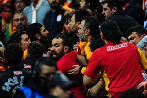Galatasaray fans has foughtwith eachother during the UEFA Champions League Group D match between Galatasaray and FC Schalke 04 at Turk Telekom Stadium in Istanbul , Turkey on October 24 , 2018. 