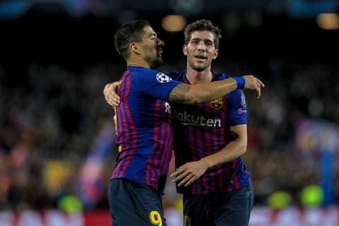 24th October 2018, Camp Nou, Barcelona, Spain; UEFA Champions League football, Barcelona versus Inter Milan; Luis Suarez and Sergi Roberto of FC Barcelona Barca celebrate their goal for 1-0 in the 32nd minute from Rafinha  ActionPlus12072994 PedroxSalado