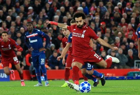 24th October 2018, Anfield, Liverpool, England; UEFA Champions League football, Liverpool versus Red Star Belgrade; Mohamed Salah of Liverpool shoots from the penalty spot past Red Star Belgrade goalkeeper Milan Borjan to make the score 3-0  ActionPlus12073015 DavidxBlunsden