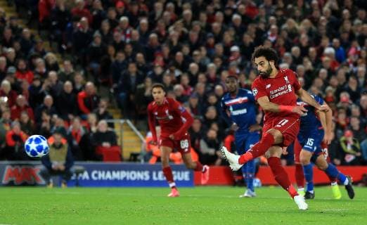 24th October 2018, Anfield, Liverpool, England; UEFA Champions League football, Liverpool versus Red Star Belgrade; Mohamed Salah of Liverpool shoots from the penalty spot past Red Star Belgrade goalkeeper Milan Borjan to make the score 3-0  ActionPlus12073016 DavidxBlunsden