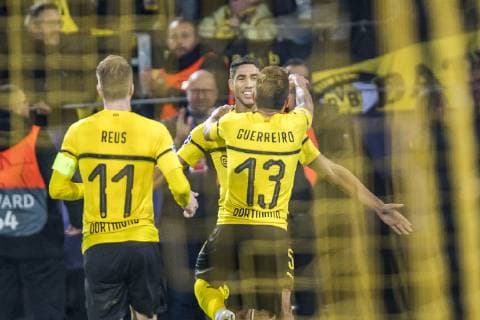 Football UEFA Champions League CL Season 2018 2019 Matchday 3 Borussia Dortmund Athletico Madrid in Dortmund North Rhine-Westphalia v left Dortmunds Marco Reus Dortmunds Achraf Hakimi and Dortmunds Goalscorer Goalkeeper Raphael Guerreiro are celebrating after 2 0 Copyright: xKirchner DavidxInderliedx