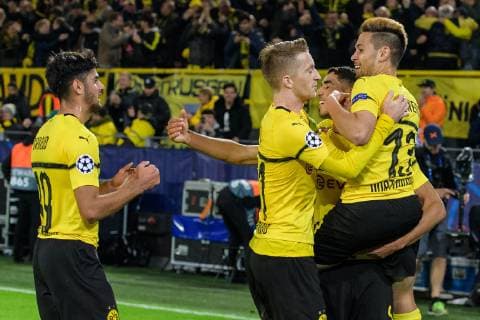 lr Mahmoud Dahoud Borussia Dortmund 19 Marco Reus Borussia Dortmund 11 Achraf Hakimi Borussia Dortmund 5 and Raphael Guerreiro Borussia Dortmund 13 at goal after scoring the 2 0 in the Champions League match between Borussia Dortmund and Atletico Madrid on 24 10 2018 Borussia Dortmund vs Atletico Madrid Champions League 24 10 2018 Dortmund Copyright: xSchuelerx xEibnerx-xPressefotox EP_EER