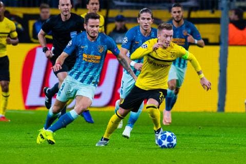 Football Champions League Group Stage 3 Gameday Borussia Dortmund Atletico Madrid on 24 10 2018 at the Signal Iduna Park in Dortmund Saul Niguez Madrid left Marco Reus Dortmund right DFL Regulations prohibit any use of images as image sequences or quasi video xMNx
