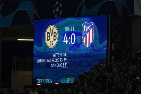 ENG UEFA CL Borussia Dortmund vs Atlético Madrid 24 10 2018 Signal Iduna Park Dortmund GER UEFA CL Borussia Dortmund vs Atlético Madrid UEFA REGULATORY PROPHIBIT ANY USE OF PHOTOGRAPH AS IMAGE SEQUENCES AND OR QUASI VIDEO Pictured picture shows Scoreboard with final score 4 0 nordphotox xRauch nph00251