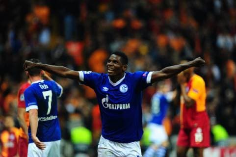 FC Schalke 04 player Breel Embolo celebrated the gool that was offside during the UEFA Champions League Group D match between Galatasaray and FC Schalke 04 at Turk Telekom Stadium in Istanbul , Turkey on October 24 , 2018. 