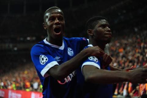 FC Schalke 04 players Salif Sane and Breel Embolo celebrated the gool that was offside during the UEFA Champions League Group D match between Galatasaray and FC Schalke 04 at Turk Telekom Stadium in Istanbul , Turkey on October 24 , 2018. 