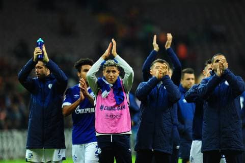 FC Schalke 04 Players celebrates vith fans after the UEFA Champions League Group D match between Galatasaray and FC Schalke 04 at Turk Telekom Stadium in Istanbul , Turkey on October 24 , 2018. 