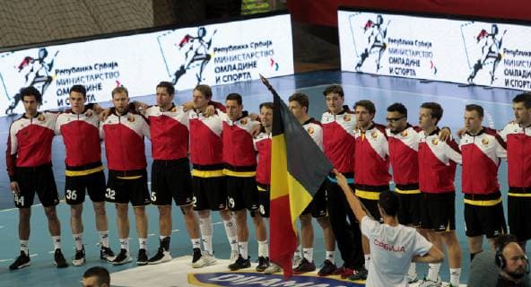 24.10.2018 Zrenjanin Serbia-Belgium EHF European qualifiers men s handball Belgium men s handball team during anthem : 