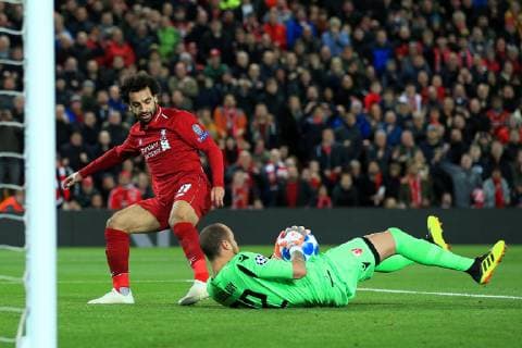 Liverpool s Mohamed Salah watches his shot saved by Milan Borjan of Red Star Belgrade during the UEFA Champions League match at Anfield Stadium, Liverpool. Picture date 24th October 2018. Picture credit should read: Matt McNulty Sportimage EDITORIAL USE ONLY. No use with unauthorised audio, video, data, fixture lists, club league logos or live services. Online in-match use limited to 120 images, no video emulation. No use in betting, games or single club league player publications.