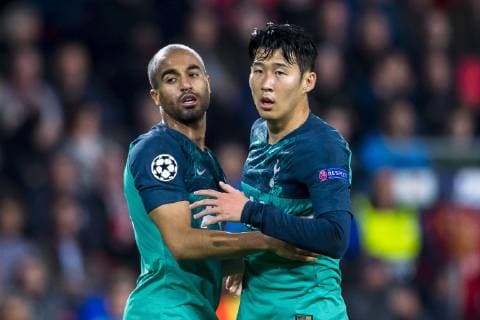 EINDHOVEN, PSV Eindhoven - Tottenham Hotspur FC 2-2, football, Champions League, season 2018-2019, 24-10-2018, Philips Stadium, Tottenham Hotspur player Lucas (L) has scored 1-1, Tottenham Hotspur player Hueng-Min Son (R) PSV - Tottenham Hotspur  x2565880x
