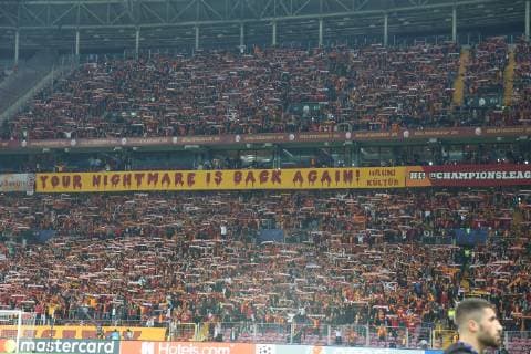Fans of Galatasaray during the UEFA Champions League Group D match between Galatasaray and FC Schalke 04 at Turk Telekom Stadium in Istanbul , Turkey on October 24 , 2018. 