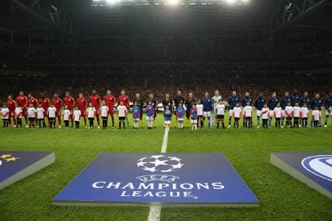 Galatasaray players and FC Schalke 04 players at the opening ceremony before the UEFA Champions League Group D match between Galatasaray and FC Schalke 04 at Turk Telekom Stadium in Istanbul , Turkey on October 24 , 2018. 