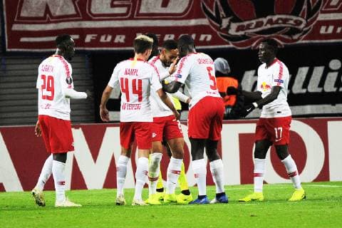 UEFA Europa League 2018 2019 Group Stage Group Stage 3 Gameday RB Leipzig vs. Celtic FC Glasgow 25 10 2018 Matheus Cunha RBL Mitte re cheered for his goal to date with Dayot Upamecano Jean Kevin Augustin Kevin Kampl and Bruma v Leipzig Sachsen Germany are looking forward to their visit