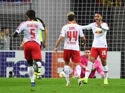 Soccer Men Season 2018 2019 Europa League Group B 3 Gameday RB Leipzig Celtic Glasgow v Dayot Upamecano RB Leipzig Kevin Kampl RB Leipzig Matheus Cunha RB Leipzig rejoicing for goal to 1 0 25 10 2018 Copyright: xMatthiasxKochx