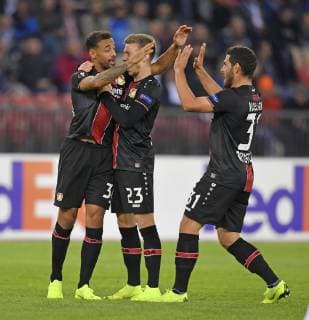 25 10 2018 Football UEFA Europa League 2018 2019 Group Stage 3 Gameday FC Zurich Bayer Leverkusen at Letzigrund Stadium Zurich Torjubel v Karim Bellarabi Leverkusen Mitchell Weiser Leverkusen Kevin Volland Leverkusen DFL and DFB regulations prohibit any use of images as image sequences and or quasi Video
