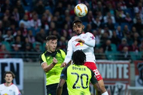 Kieran Tierney Celtic Glasgow Matheus Cunha RB DFL DFB REGULATIONS PROHIBIT ANY USE OF PHOTOGRAPH as IMAGE SEQUENCES and or QUASI VIDEO Leipzig